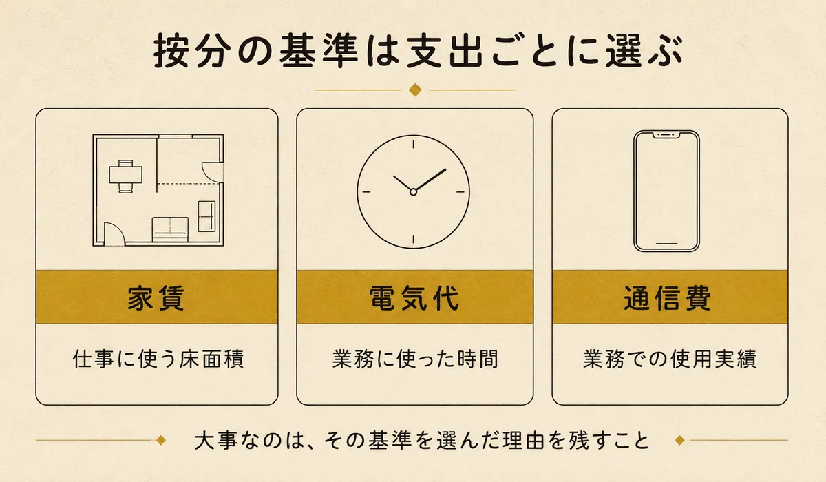 不動産所得・家賃収入の家事関連費を按分する基準の例。家賃は仕事に使う床面積、電気代は業務に使った時間、通信費は業務での使用実績で按分することを示した3列の図
